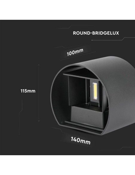 Lampada LED da Muro Arrotondata Doppio LED COB 5W 140LM/W Colore Nero Satinato Fascio Luminoso Regolabile 4000K IP65-dimensioni