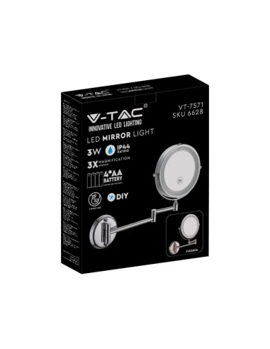 Specchio LED Rotondo 3W Double face Rotabile a 360 gradi con braccio estendibile (ingranditore 3x) D 170mm 6400K IP44-imballo