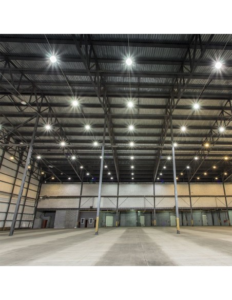 Campana Industriale LED 100W 185LM/W UFO con Driver MeanWell 110 gradi 4000K IP65 Dimmerabile ( 1-10V )-prodotto in ambiente