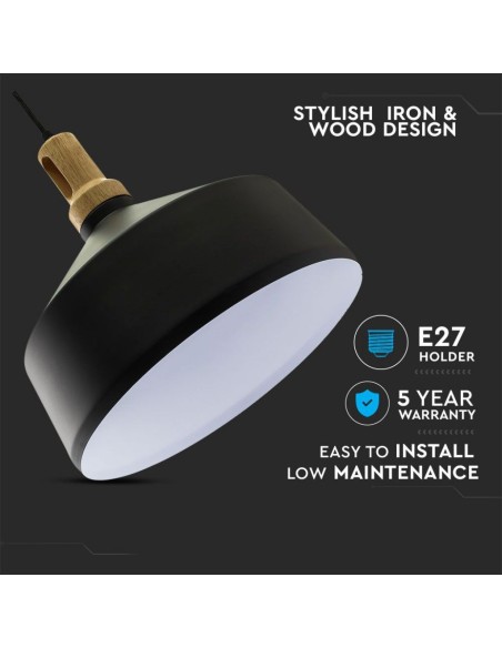 Lampadario LED in Metallo a Coppa con Portalampada E27 (Max 60W) Colore Nero Opaco e Attacco in Legno-preview 2774