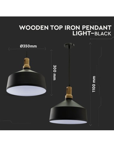 Lampadario LED in Metallo a Coppa con Portalampada E27 (Max 60W) Colore Nero Opaco e Attacco in Legno-preview 2777