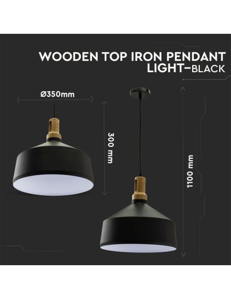 Lampadario LED in Metallo a Coppa con Portalampada E27 (Max 60W) Colore Nero Opaco e Attacco in Legno-preview 2777