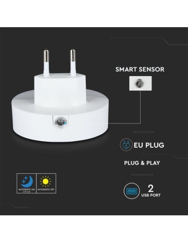 Faretto LED Chip Samsung Segnapasso Notturno Rotondo 0 45W con Sensore Crepuscolare e USB Colore Bianco-preview90