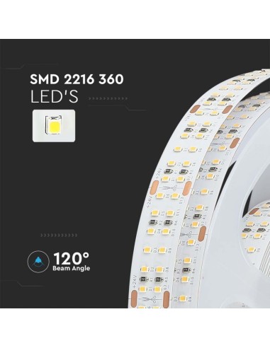 Strip LED SMD2216 30W/m 5m 360 LED/m con Connettore Jack 2.1 da 24V CRI maggiore 95 4000K IP20 14mm-preview 6631