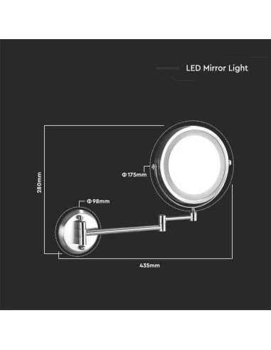 Specchio LED Rotondo 3W Double face Rotabile a 360 gradi con braccio estendibile D 170mm 6400K IP44-dimensioni