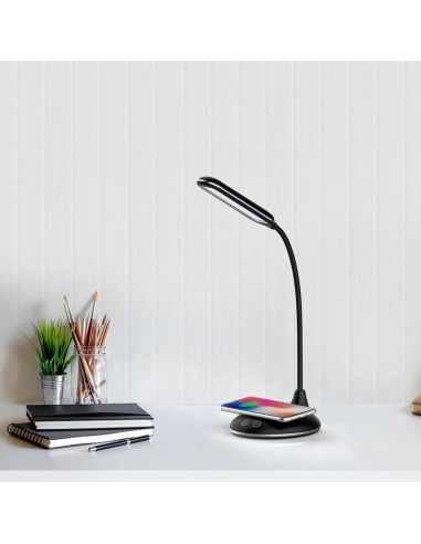 Lampada LED da Tavolo Rotonda 4W Multifunzione 3 in 1 con Caricatore Wireless Colore Nero-prodotto in ambiente