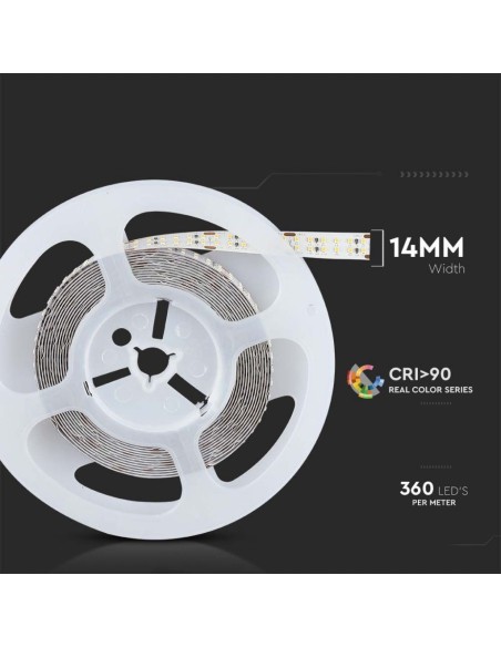 Strip LED SMD2216 30W/m 5m 360 LED/m con Connettore Jack 2.1 da 24V CRI maggiore 95 4000K IP20 14mm-dimensioni