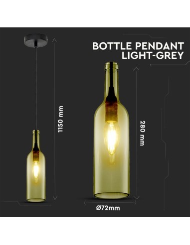 Lampadario LED a Bottiglia in Vetro con Portalampada E14 (Max 60W) Colore Grigio-dimensioni