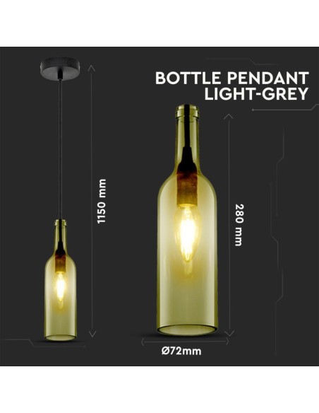 Lampadario LED a Bottiglia in Vetro con Portalampada E14 (Max 60W) Colore Grigio-dimensioni