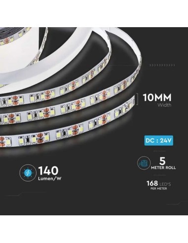 Strip LED SMD2835 12W/m 5m 168 LED/m 140LM/W 24V 3000K IP20 10mm-preview 6654