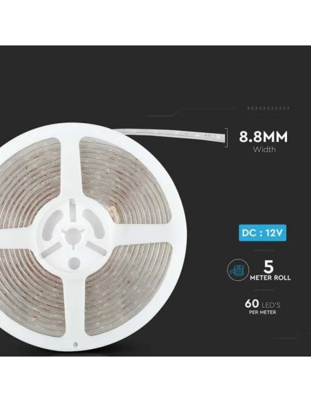 Strip LED SMD3528 5W/m 5m 60 LED/m 12V 3000K IP65 8.8mm-dimensioni