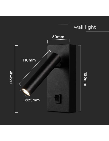 Applique da Hotel per Lettura LED 2W Orientabile su Ogni Lato con Tasto On/Off 145*150*60mm Colore Nero 4000K