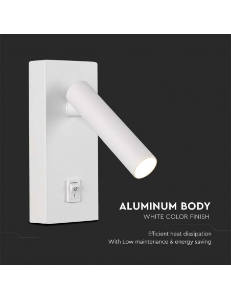 Applique da Hotel per Lettura LED 2W Orientabile su Ogni Lato con Tasto On/Off 145*150*60mm Bianco 4000K