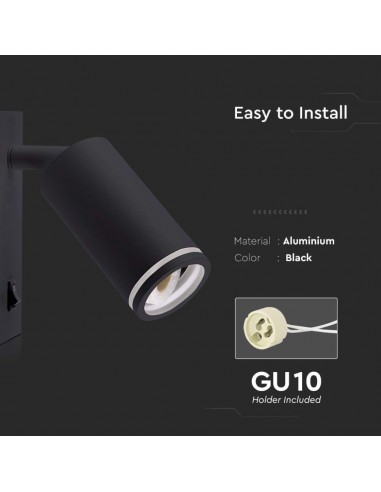 10294-Portafaretto LED da Muro GU Orientabile con interruttore e Portalampada Colore Nero-7