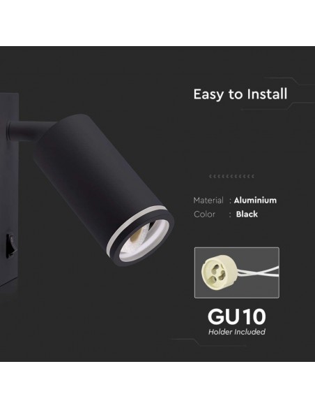 10294-Portafaretto LED da Muro GU Orientabile con interruttore e Portalampada Colore Nero-7