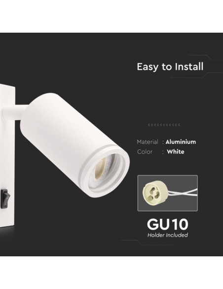 10295-Portafaretto LED da Muro GU Orientabile con interruttore e Portalampada Colore Bianco-7
