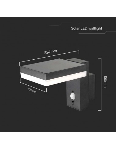 10402-Lampada LED da Muro Rettangolare  con Pannello Solare e Sensore PIR Corpo Nero  IP-3