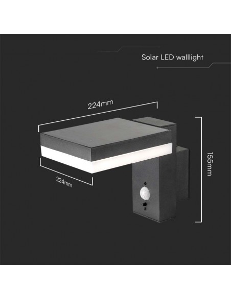 10402-Lampada LED da Muro Rettangolare  con Pannello Solare e Sensore PIR Corpo Nero  IP-3