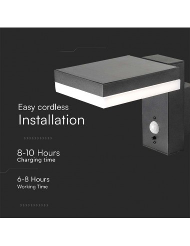 10402-Lampada LED da Muro Rettangolare  con Pannello Solare e Sensore PIR Corpo Nero  IP-6