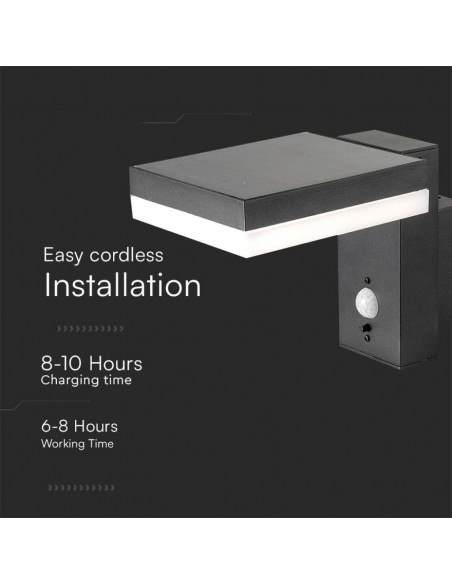 10402-Lampada LED da Muro Rettangolare  con Pannello Solare e Sensore PIR Corpo Nero  IP-6