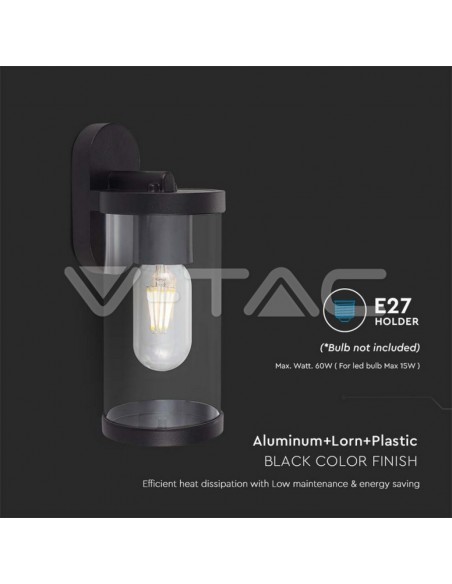 10417-Lampada LED da Giardino Cilindrica con Portalampada E con Corpo Nero Copertura Trasparente d  IP-5