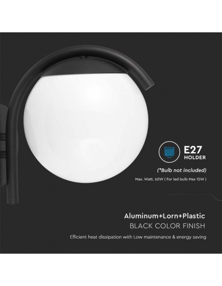 10420-Lampada LED da Muro con Sfera Opale e Portalampada E  Colore Nero Opaco IP-7