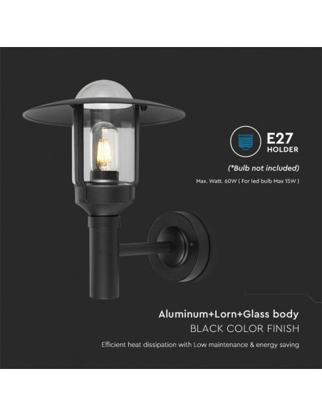 10422-Lampione LED da Giardino con Portalampada a Lanterna E Colore Nero Opaco h cm Montaggio a Muro IP-7