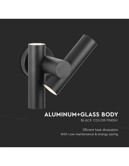 2*Faretti LED Da Muro 6W con Doppio Fascio Luminoso Regolabile a 360° Nero 3000K IP44
