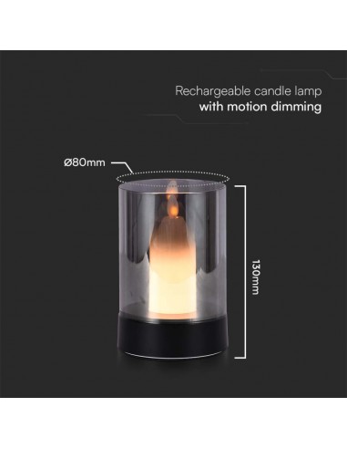 10567-Lampada da Tavolo LED  dal Design a Candela con Batteria mAh Ricaricabile USB C Vetro Fumé Colore Nero -3