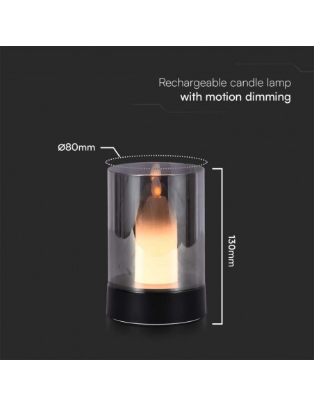 10567-Lampada da Tavolo LED  dal Design a Candela con Batteria mAh Ricaricabile USB C Vetro Fumé Colore Nero -3