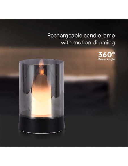 10567-Lampada da Tavolo LED  dal Design a Candela con Batteria mAh Ricaricabile USB C Vetro Fumé Colore Nero -7