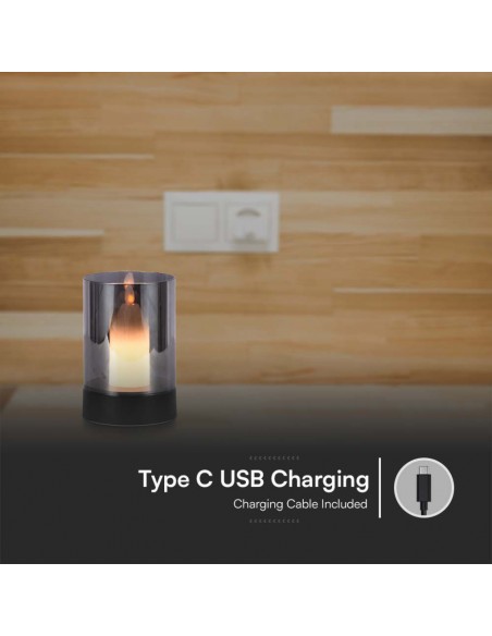 Lampada da Tavolo LED 2W dal Design a Candela con Batteria 2400mAh Ricaricabile USB C Vetro Fumé Nero 3000K