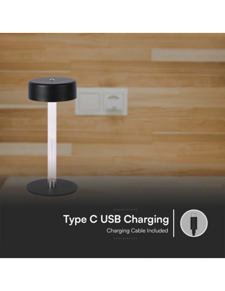 Lampada LED da Tavolo 3W Nero e Bianco Trasparente Ricaricabile con USB C Touch Dimmerabile 3in1