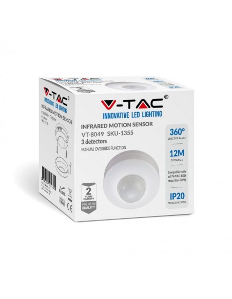 1355-Sensore di Movimento a Infrarossi  Montaggio a Plafone Con funzionalità ON/OFF Colore Bianco Max  IP-2