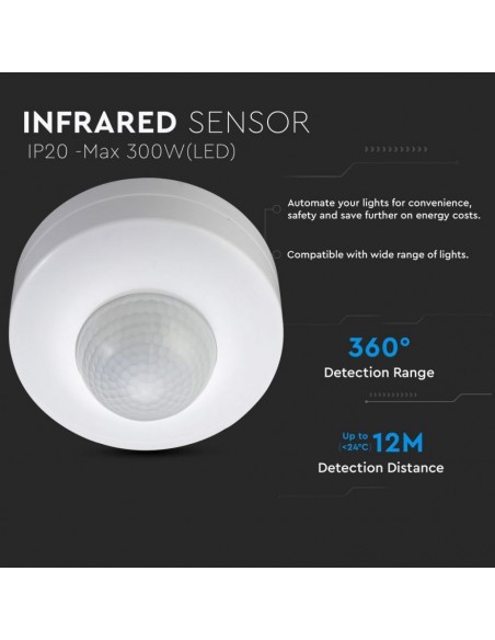 1355-Sensore di Movimento a Infrarossi  Montaggio a Plafone Con funzionalità ON/OFF Colore Bianco Max  IP-5