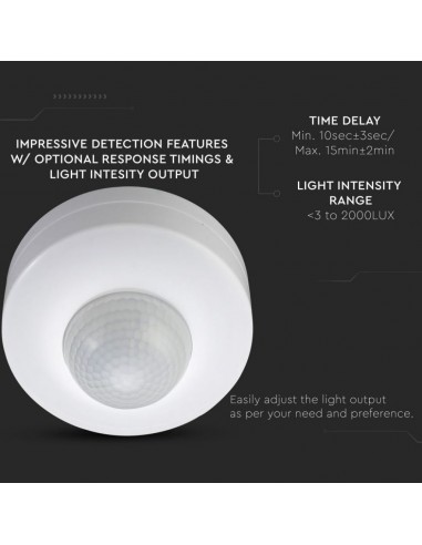 1355-Sensore di Movimento a Infrarossi  Montaggio a Plafone Con funzionalità ON/OFF Colore Bianco Max  IP-7