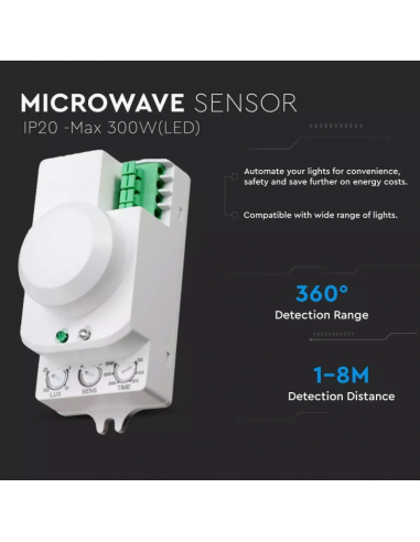 1446-Sensore di Movimento a Microonde  Montaggio a Plafone Colore Bianco Max  IP-4