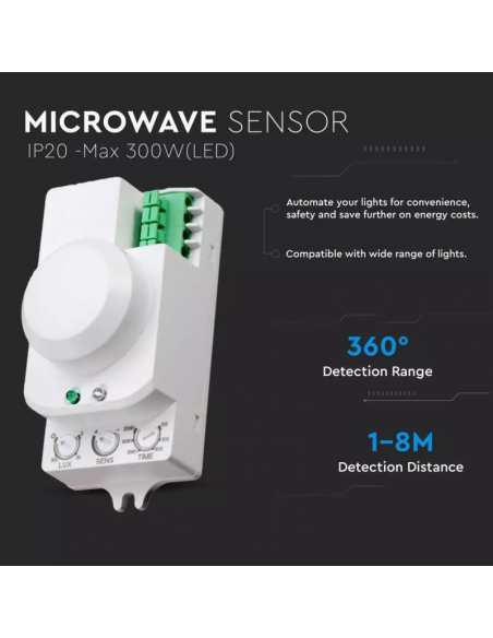 1446-Sensore di Movimento a Microonde  Montaggio a Plafone Colore Bianco Max  IP-4