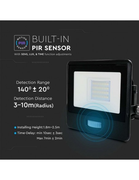 Faro LED Chip Samsung 20W con Sensore PIR Nero 3000K IP65