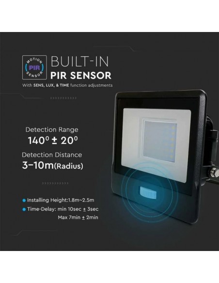 Faro LED Chip Samsung 30W con Sensore PIR Nero 3000K IP65