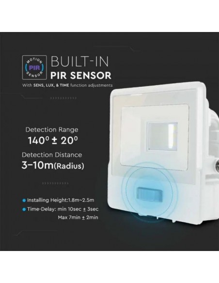 Proiettore LED con sensore PIR da 10W Samsung Chip Corpo bianco 6500K