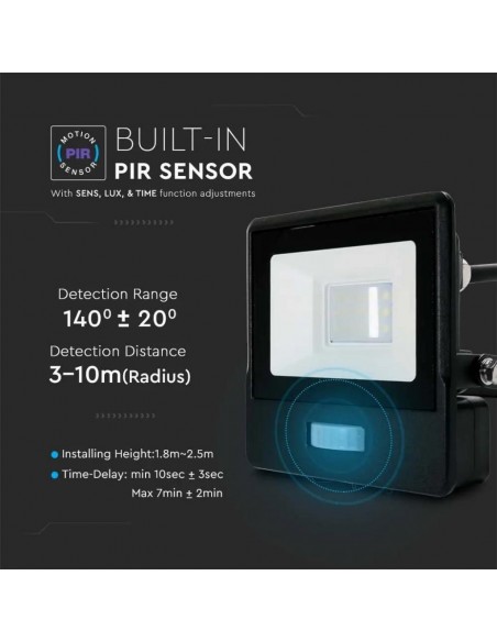 Faro LED Chip Samsung 10W con Sensore PIR Cavo 1m Nero 6500K IP65