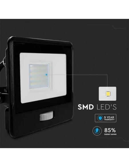 Faro LED Chip Samsung 20W con Sensore PIR Cavo 1m Nero 4000K IP65