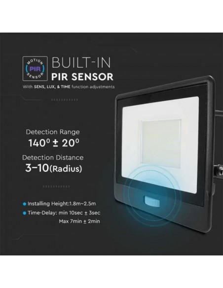 Faro LED Chip Samsung 50W con Sensore PIR Cavo 1m Nero 4000K IP65