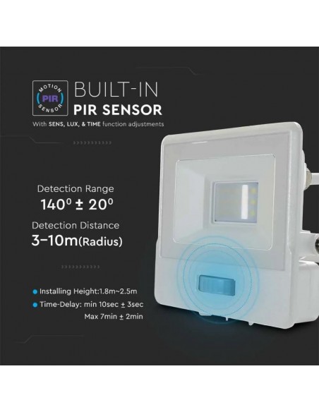 Faro LED Chip Samsung 10W con Sensore PIR Cavo 1m Bianco 6400K IP65