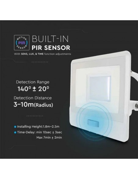 Faro LED Chip Samsung 30W con Sensore PIR Cavo 1m Bianco 6500K IP65