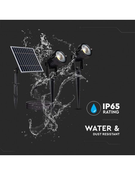2x Faretti LED COB da Giardino 1.2W con Picchetti, Pannello Solare 5W e Batteria di Accumulo 4000mAh Nero 3000K IP65