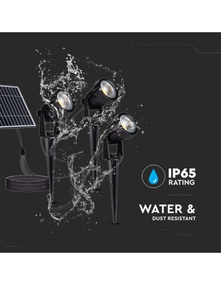 3x Faretti LED COB da Giardino 1.2W con Picchetti, Pannello Solare 5W e Batteria di Accumulo 4000mAh Nero 3000K IP65