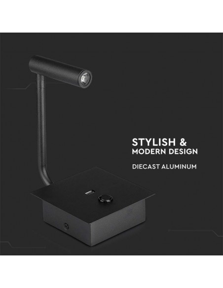 211487-Applique da Hotel per Lettura LED  con Interruttore Porta USB Colore Nero -7