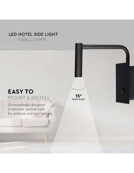 Applique da Hotel per Lettura LED 3W con Interruttore Porta USB Nero 3000K